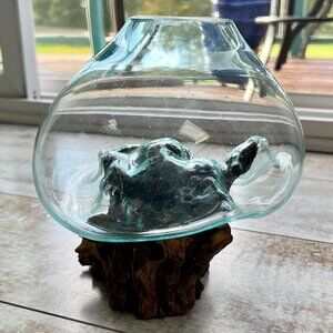 Artisan Hand-Crafted Large Teak Wood & Hand Blown Molten Glass Bowl